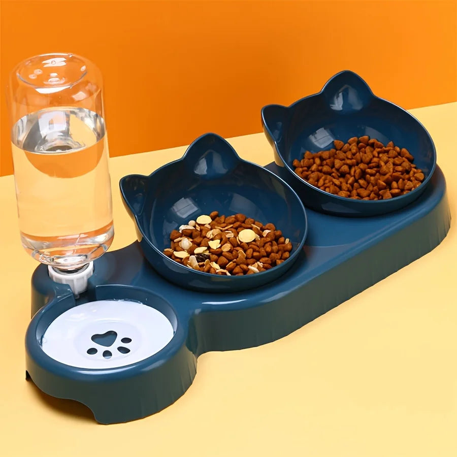 3-in-1 Cat Bowl Set – Tilted Food & Water Feeder with Bottle