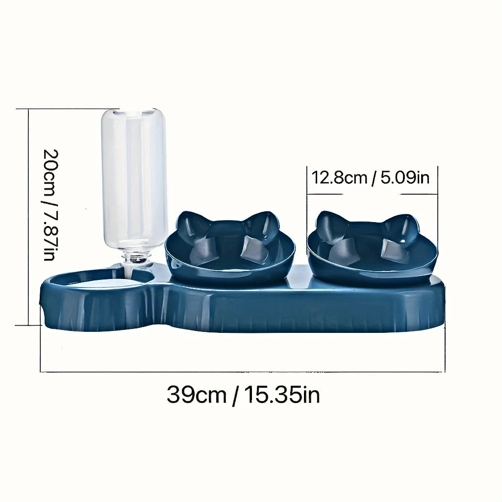 3-in-1 Cat Bowl Set – Tilted Food & Water Feeder with Bottle