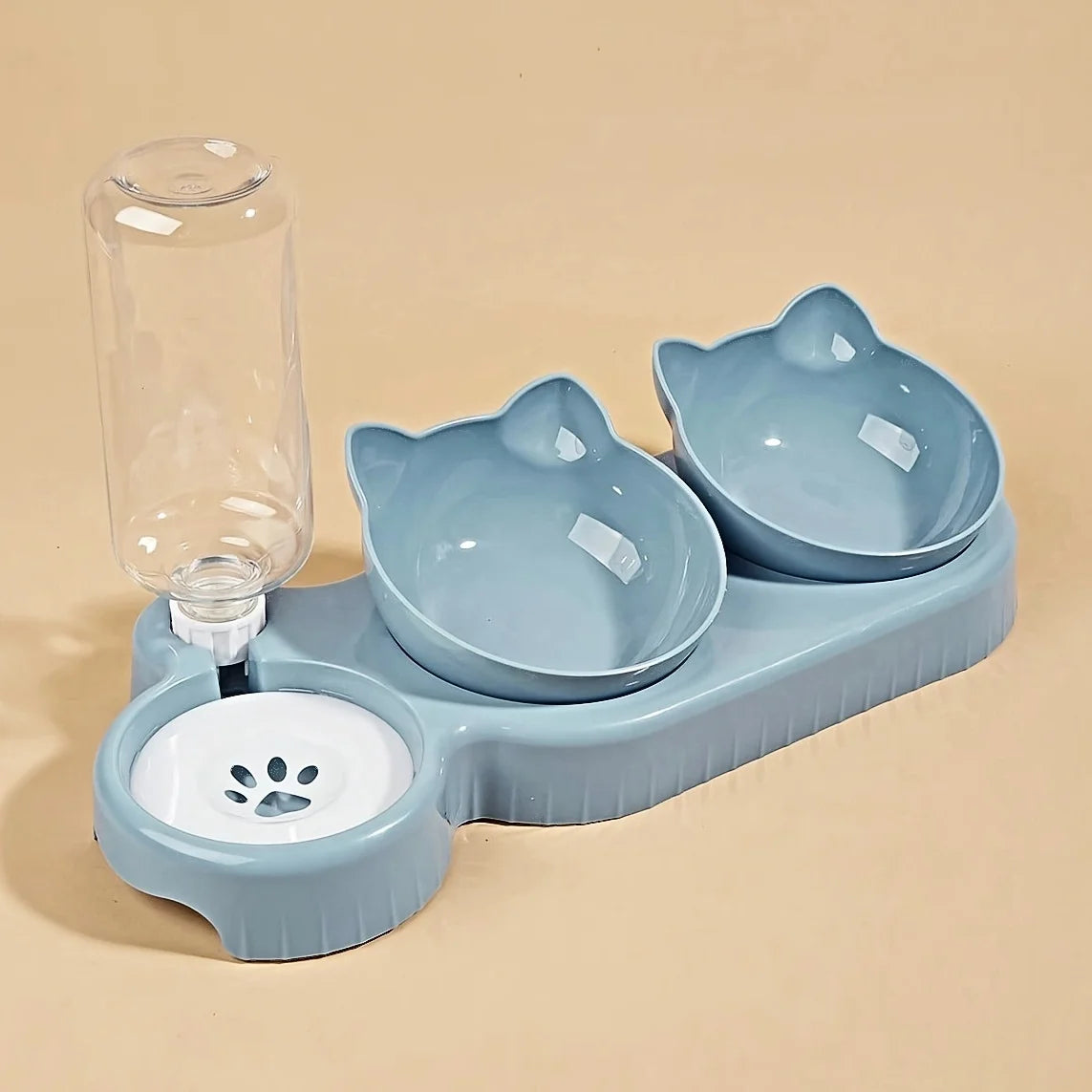 3-in-1 Cat Bowl Set – Tilted Food & Water Feeder with Bottle