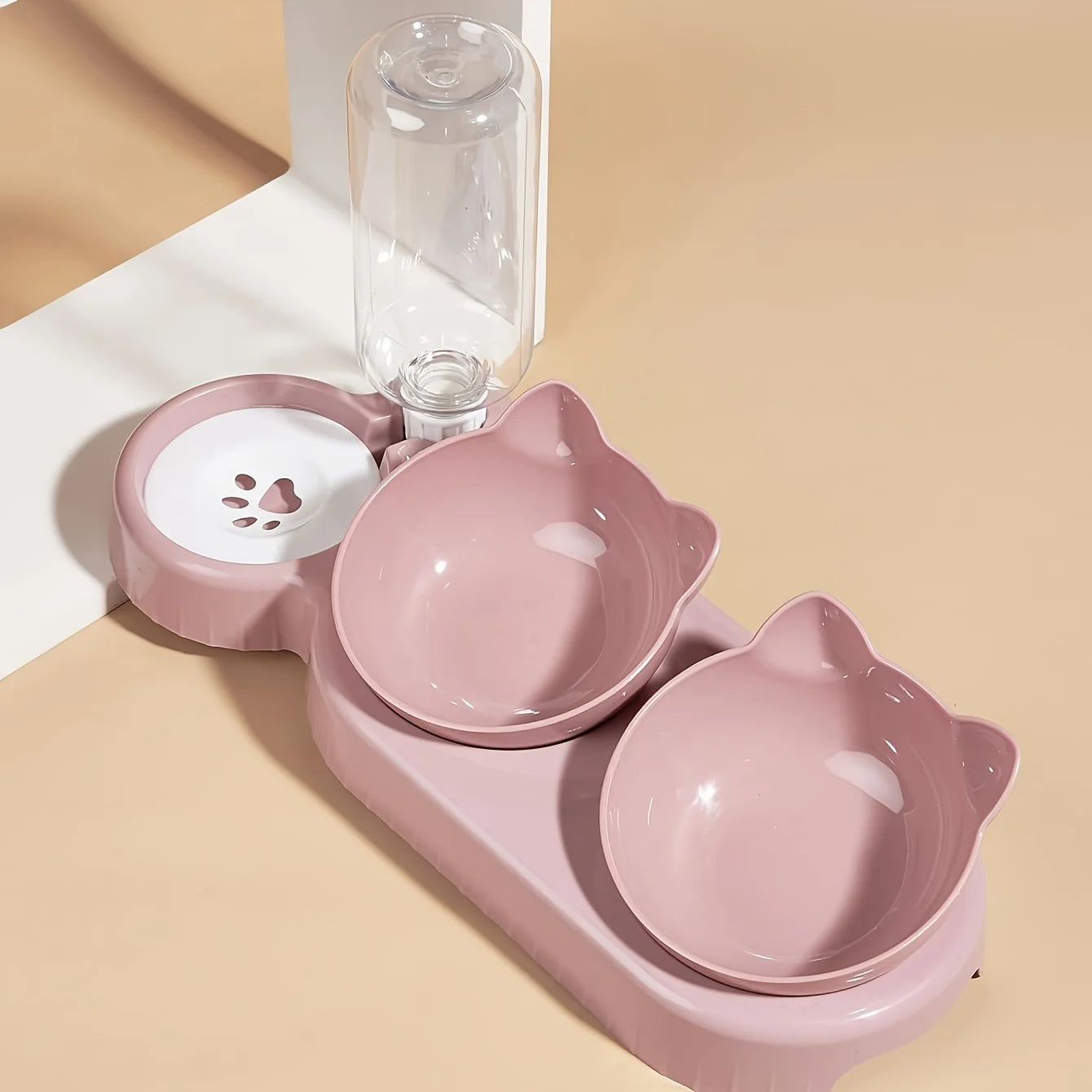 3-in-1 Cat Bowl Set – Tilted Food & Water Feeder with Bottle