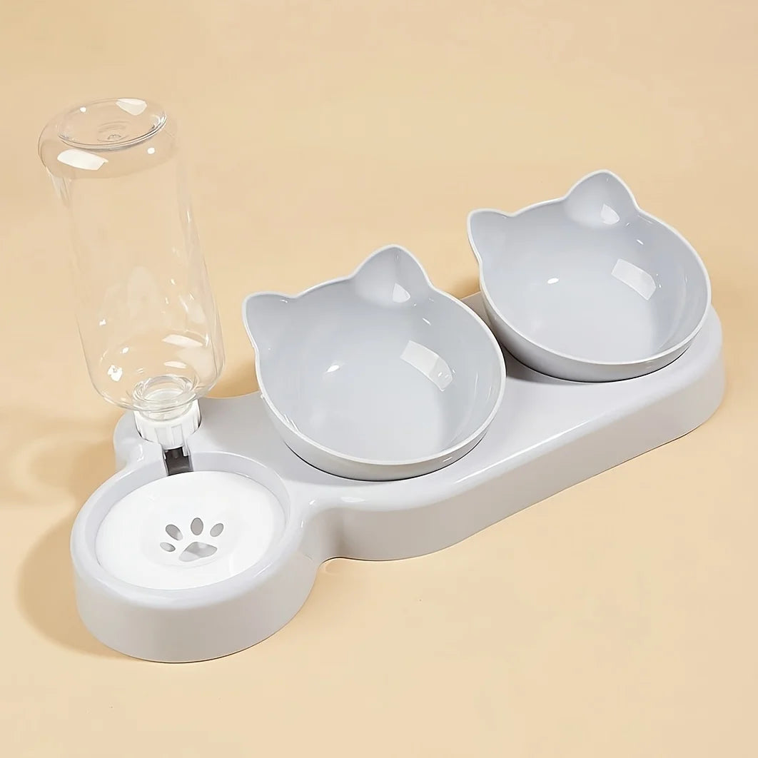 3-in-1 Cat Bowl Set – Tilted Food & Water Feeder with Bottle