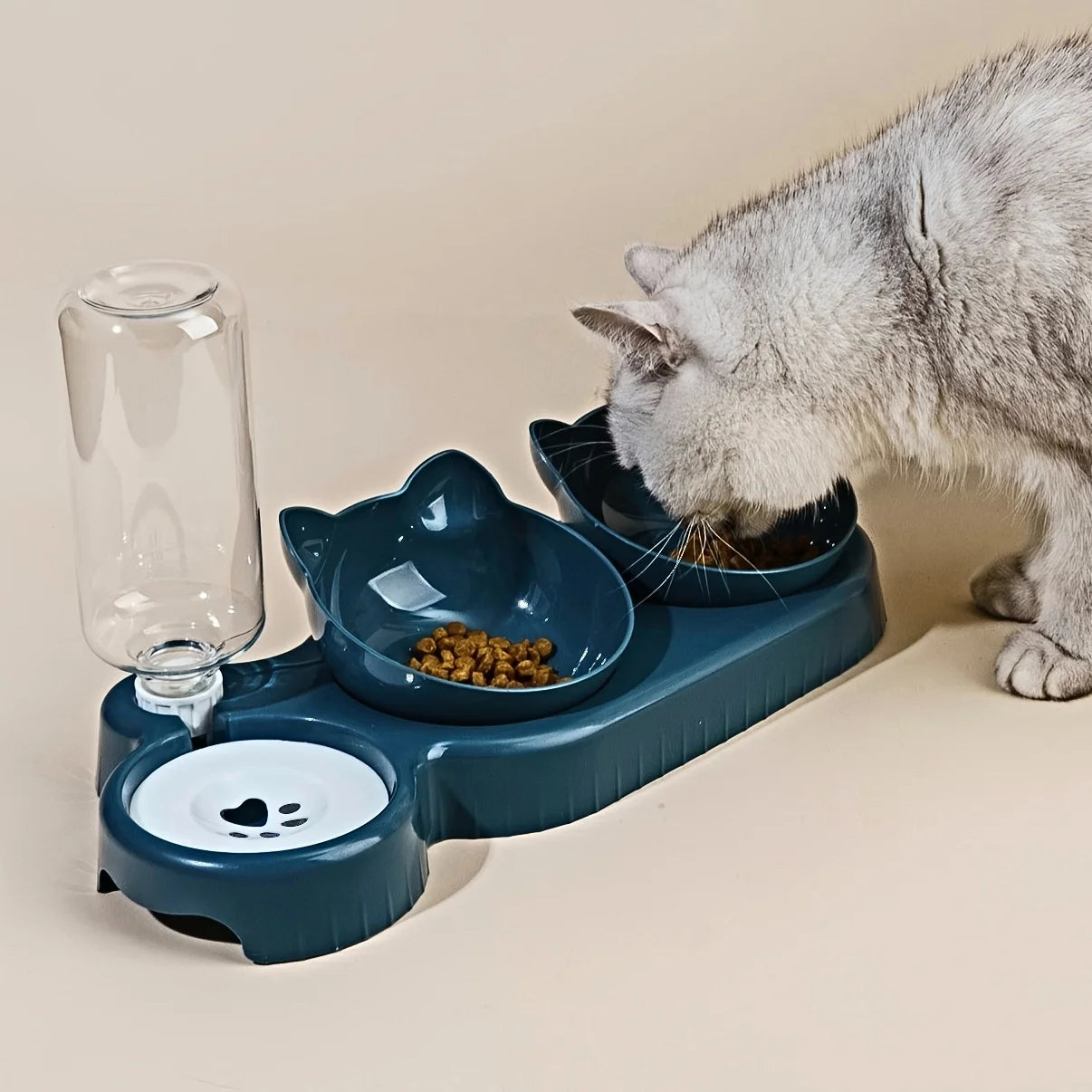3-in-1 Cat Bowl Set – Tilted Food & Water Feeder with Bottle