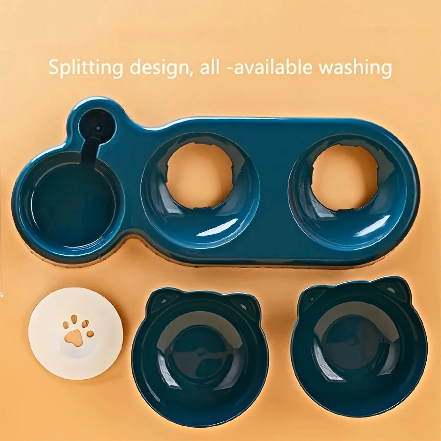 3-in-1 Cat Bowl Set – Tilted Food & Water Feeder with Bottle