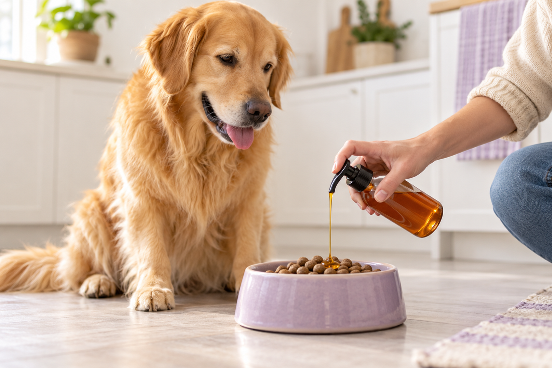 Illustration of a golden retriever watching salmon oil being added to a food bowl.
