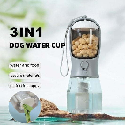 3-in-1 Dog Water Bottle – Portable Pet Cup with Food Container & Waste Bag Holder