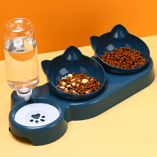 3-in-1 Cat Bowl Set – Tilted Food & Water Feeder with Bottle