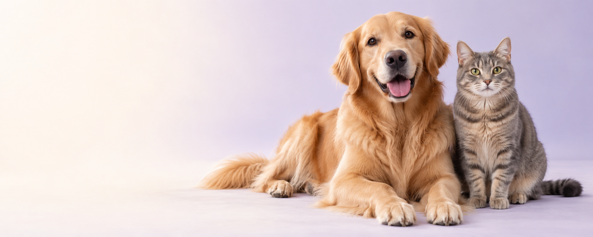 Golden retriever and tabby cat together against a soft lavender background