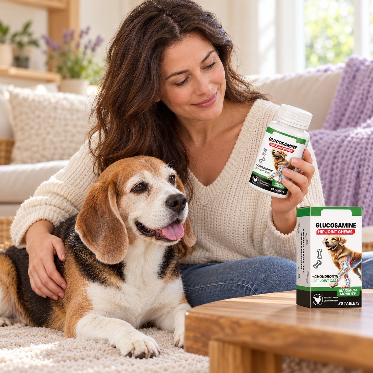 AI-generated lifestyle illustration of a senior Beagle with its owner and joint-care supplement